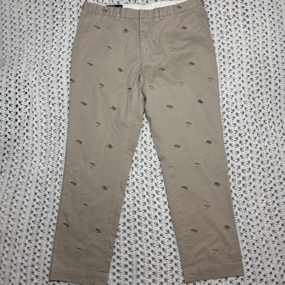VTG Polo Ralph Lauren‎ Chino Pants Khaki Stretch Flyfish Embroidered Mens Sz 38R